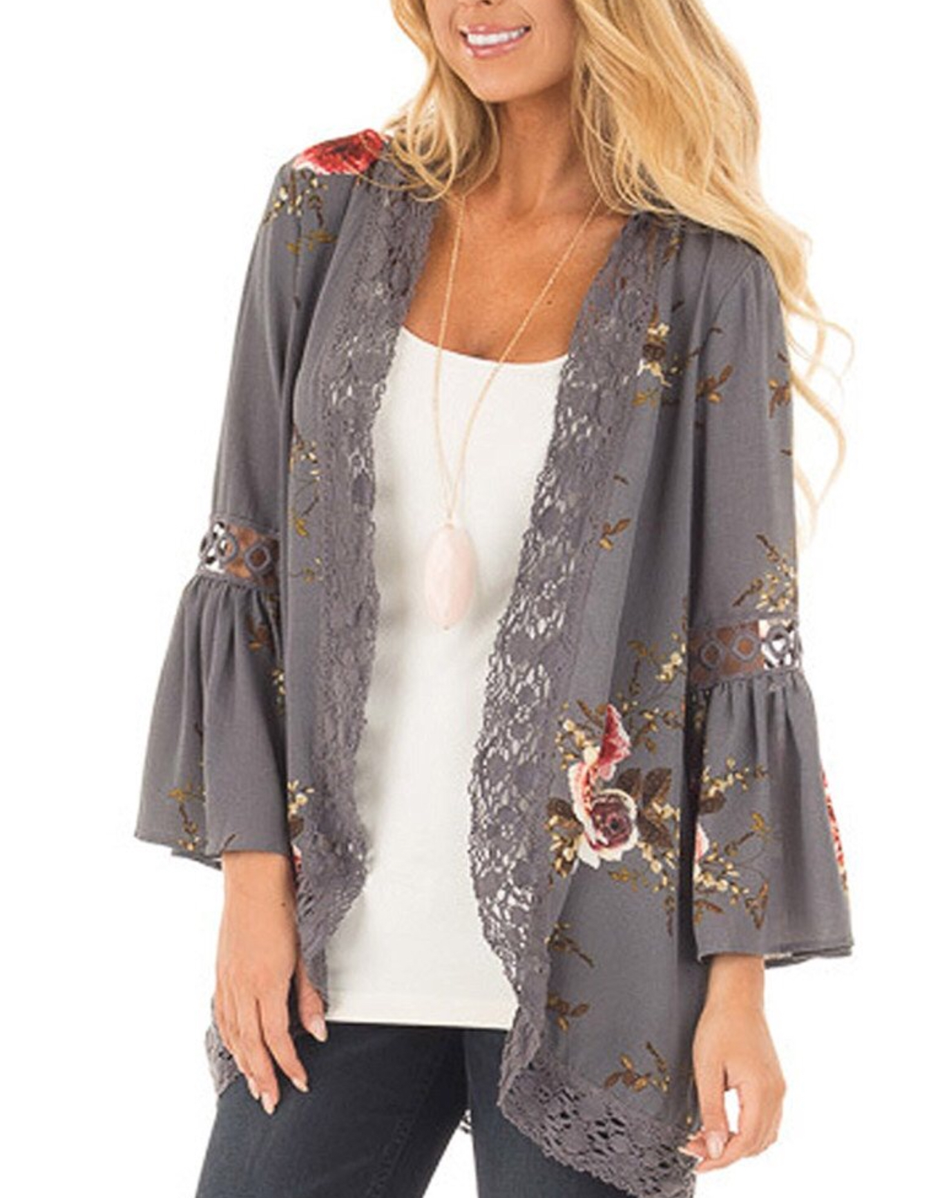 Floral Chiffon Kimono Cardigan with Lace and Bell Sleeves (5 Color Options)  – Ella Renee and Co.