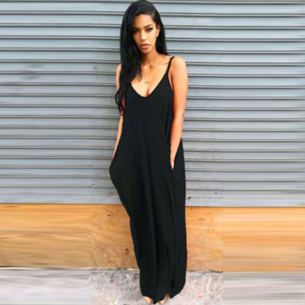 Long Maxi V Neck Spaghetti Strap Black Lounge Dress Pockets
