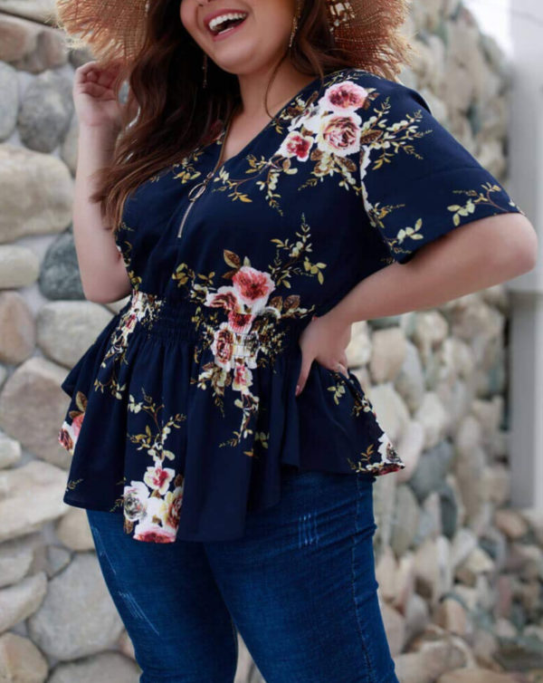 floral print plus size elastic wait elastic ruffled bottom ruffled ruffles plus size plus blouse navy floral beige floral white floral zipper v neck