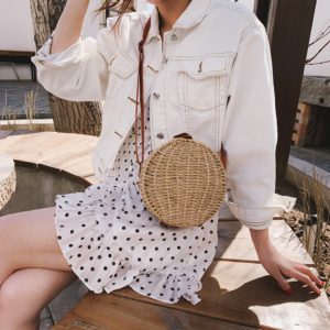 handmade rattan purse wicker straw crossbody shoulder purse boho round crossbody leather strap floral fabric